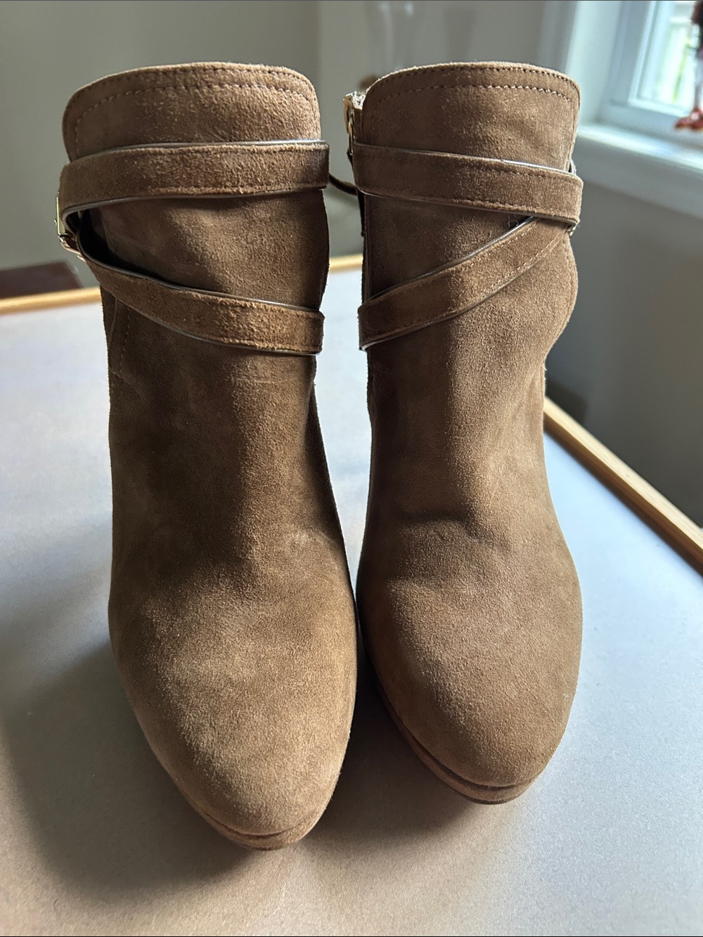 White House Black Market Tan Suede Ankle Booties with Wrap Strap